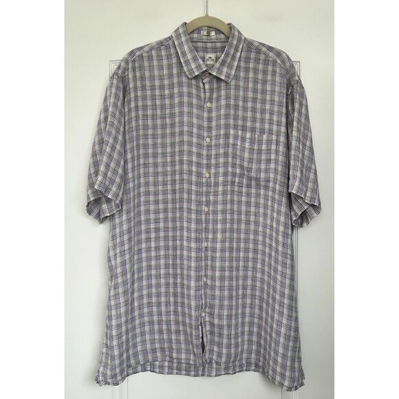 Peter Millar Shirt Mens Plaid 100% Linen Button Up Short Sleeve XL Purple Green - Picture 2 of 10